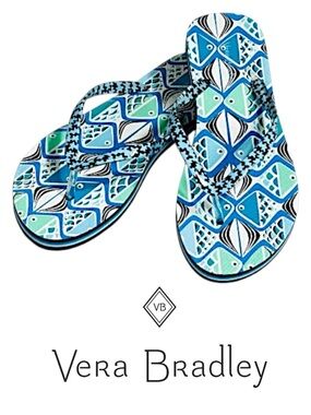 Vera Bradley GO FISH Teal Blue Flip Flops Fish Print Nautical Coastal Resortwear